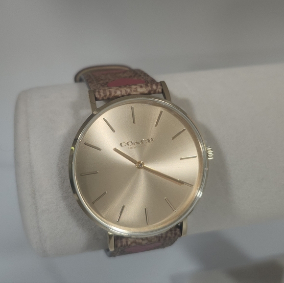 Coach Elegant Gold Watch with Brown And Pink Heart Strap